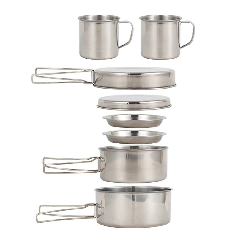 Camping Cooking Pots And Pans Set - 8-teiliges Camping-Kochgeschirr-Set aus Edelstahl mit Töpfen,