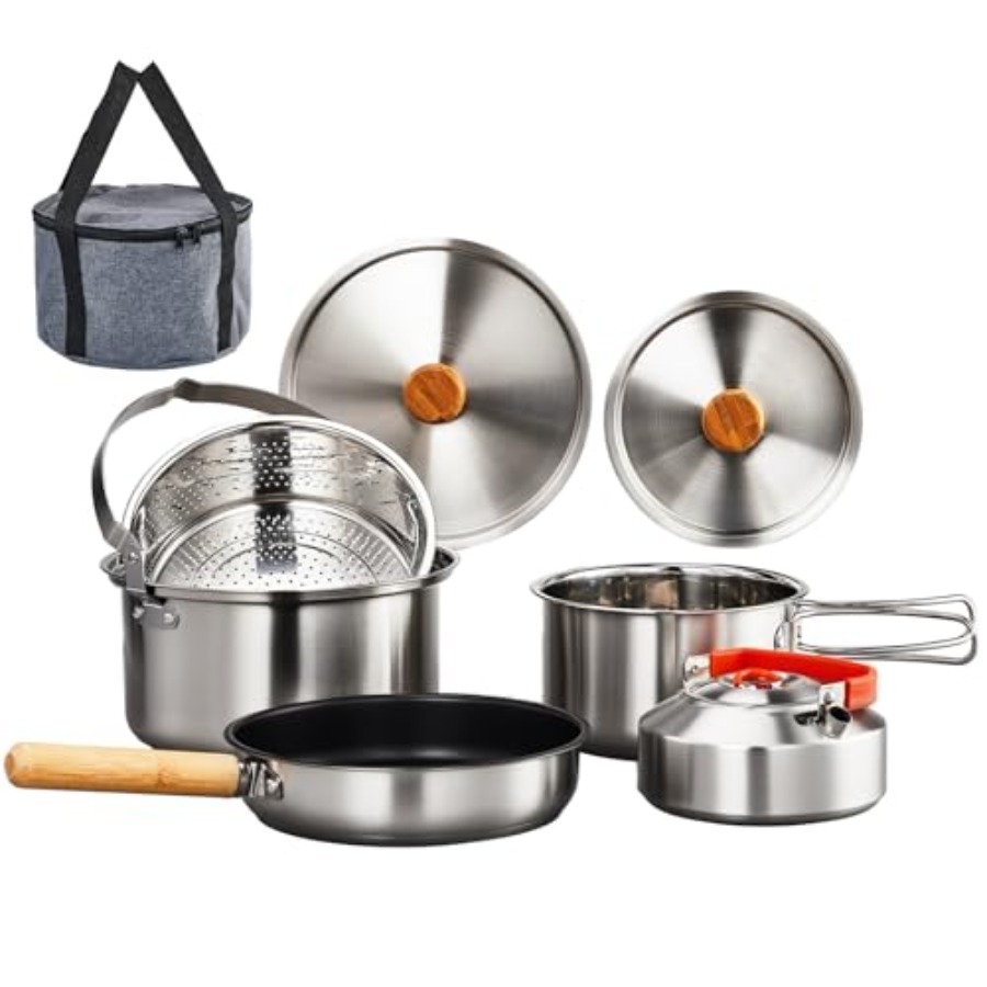 Camping Cooking Mess Kit - Camping-Kochgeschirr-Set, Leichtes Edelstahl-Kochset mit Tragetasche für