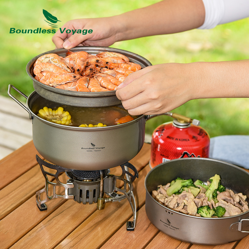 Camping Cooking Pots And Pans Set - Boundless Voyage Titan-Dampfgarer-Suppentopf mit Bratpfannen-Set, ultraleichter