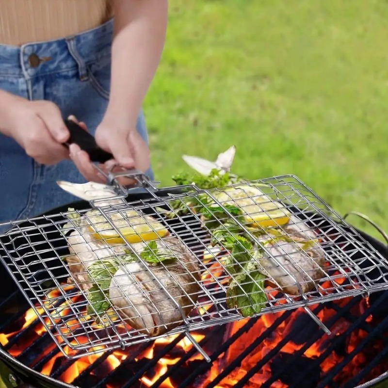 Camping Cooking Basket - Faltbarer Tragbarer Outdoor-Camping Edelstahl-Grillrost mit Abnehmbarem