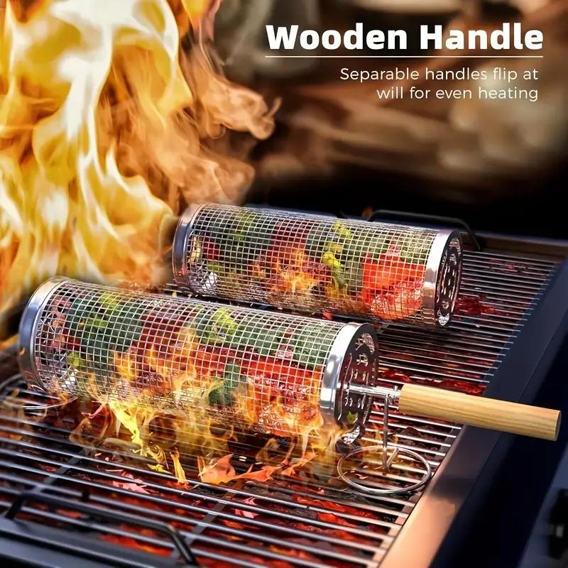 Camping Cooking Grill - Lebensmittelechter Edelstahl-Grillkorb-Set, runder Grillkorb aus Drahtgeflecht