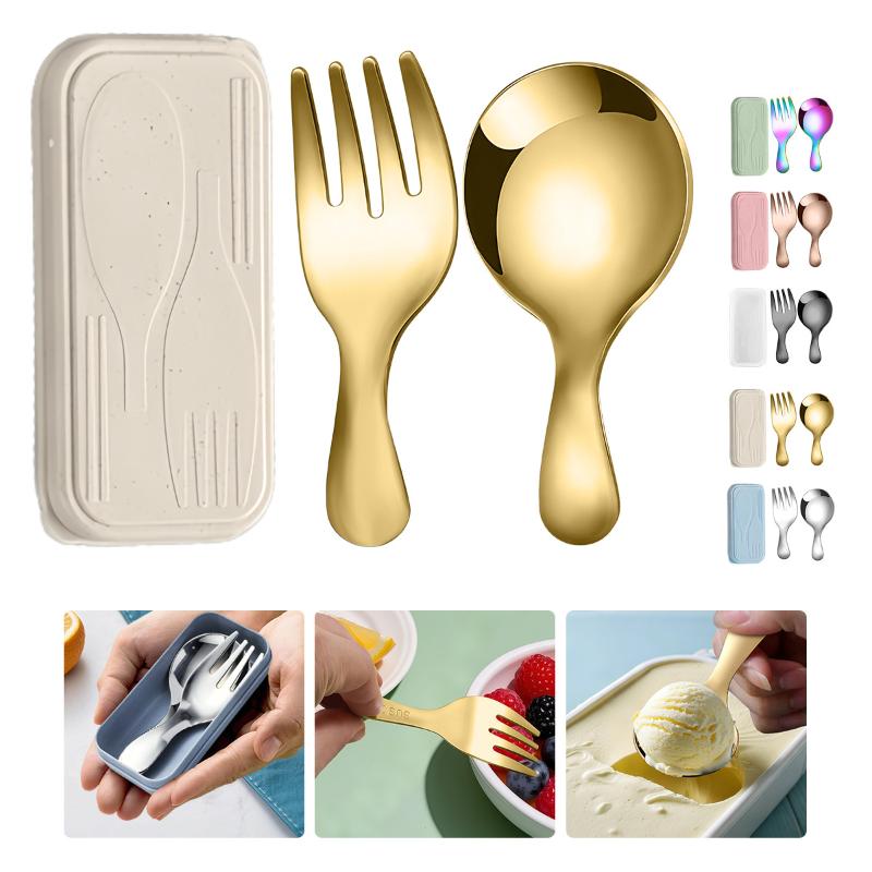 Camping Cooking Set - Edelstahl-Geschirr-Set, Löffel, Gabel, 2-teilig, tragbar, mit