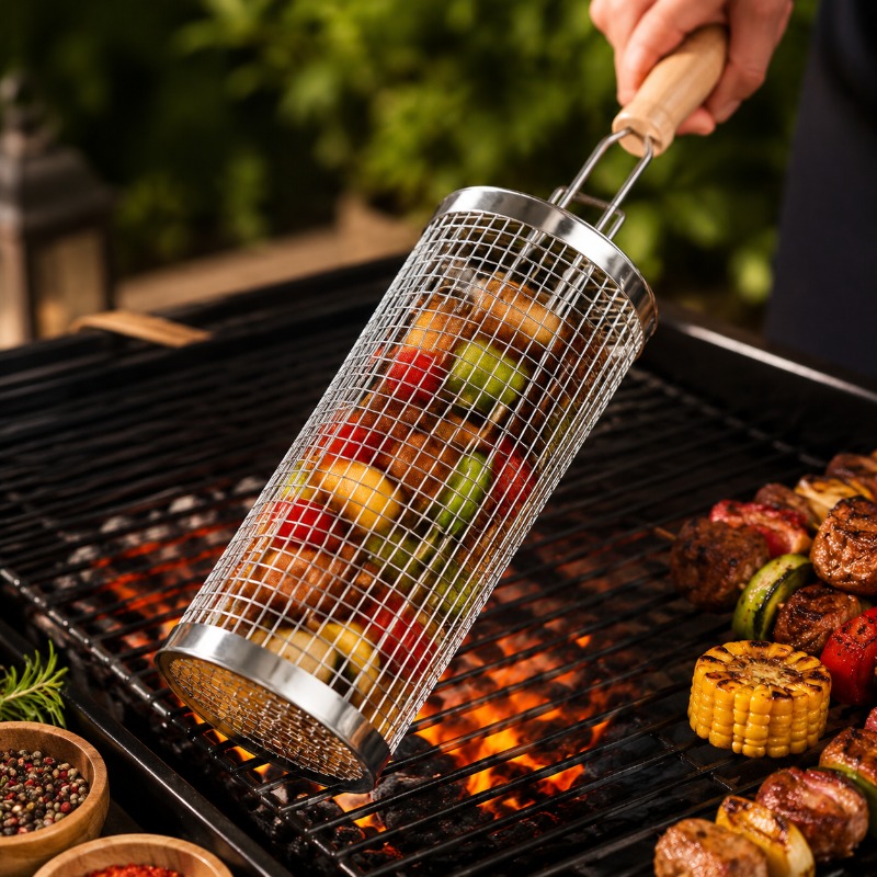 Camping Cooking Grill - Runder Grillkorb-Set aus Edelstahl, rollbarer Stahlgitter-Grill