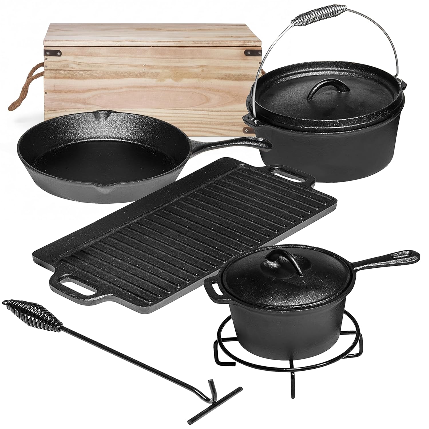 Camping Cooking Pot With Lid - Camping-Kochset mit 7 Teilen. Vorgefertigte Gusseisen-Töpfe